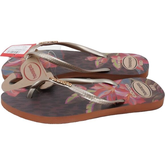 Havaianas Slim Floral Flip Flop Beach Sandals Gold Straps Women's EU 40 - Picture 2 of 6